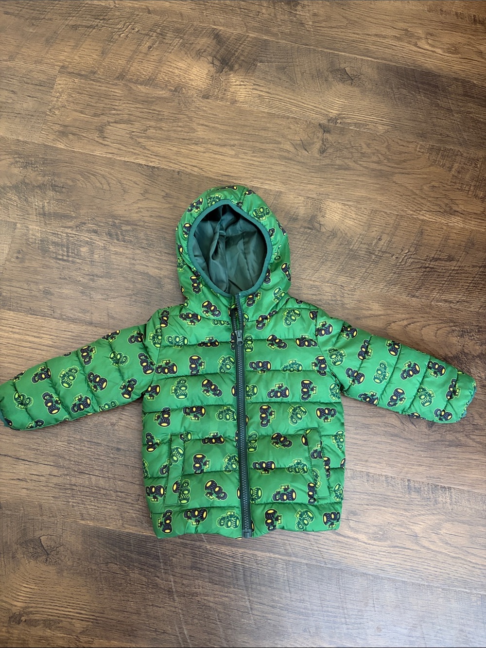 John Deere Green Hooded Puffer Jacket with Tractor Motif
